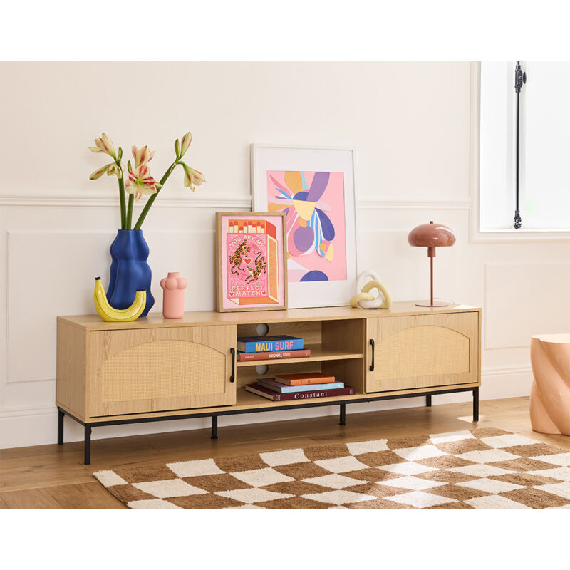 Bestmobilier - Nagato - meuble tv - cannage et bois - 180 cm - bois / noir