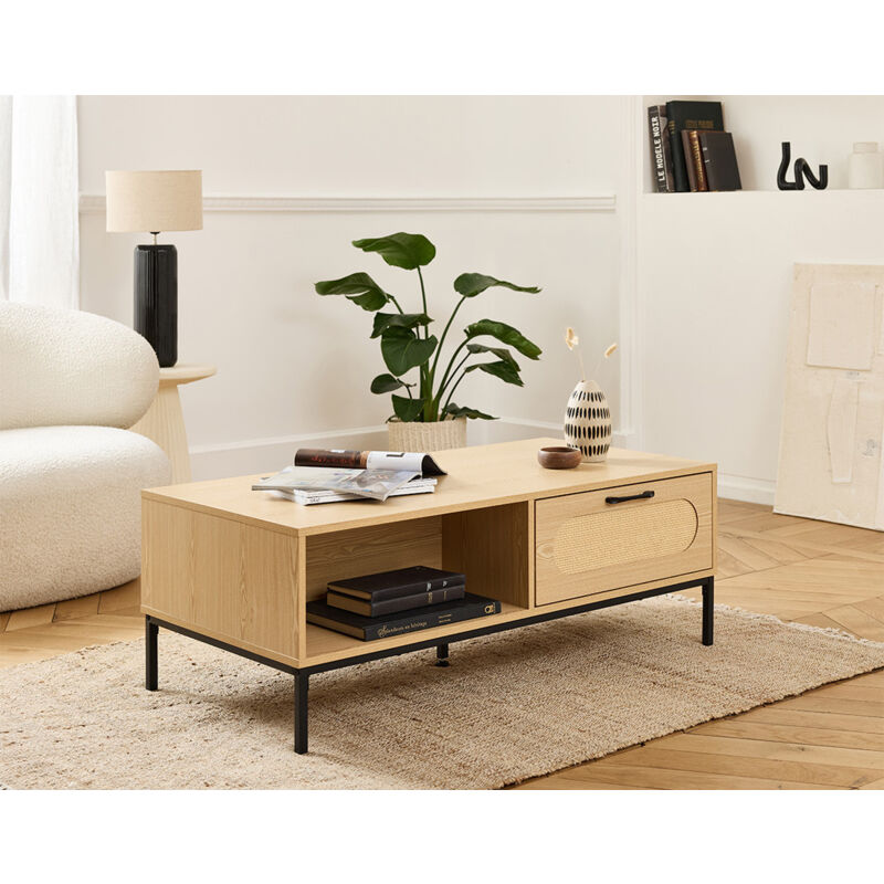 Bestmobilier - Nagato - table basse - cannage et bois - 110 cm - bois / noir