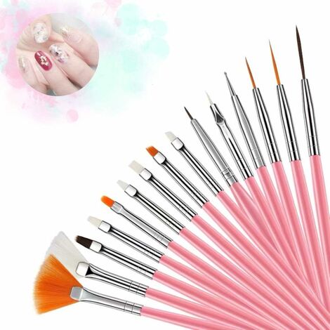 Nail Art Design Pinceaux,15PCS Brosse Pinceau Ongle Decor Liner Acrylique Manucure pinceaux pour Nail Art set complet de peinture Dessin Ligne de Nylon Cheveux Outil de Manucure(Rose)