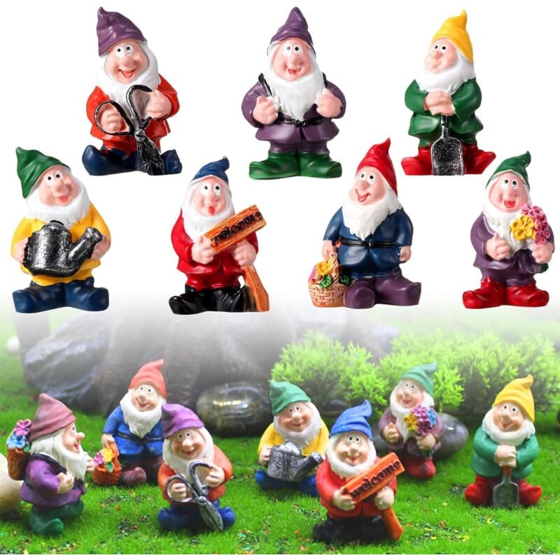 Nain de Jardin, 7 Pièces Gnomes Figurine, Résine Miniature Statue,Utilisé pour Le Jardin Conte de Fées, la Décoration Pelouse, la Décoration