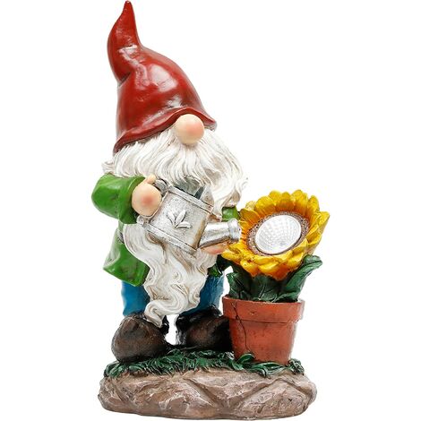 Nain de Jardin Coulée de Tournesol, 29cm Nain de Jardin Figurine de Jardin Lampe de Jardin LED Solaire en Résine Synthétique Décoration de Jardin Étanche pour Fée Jardin