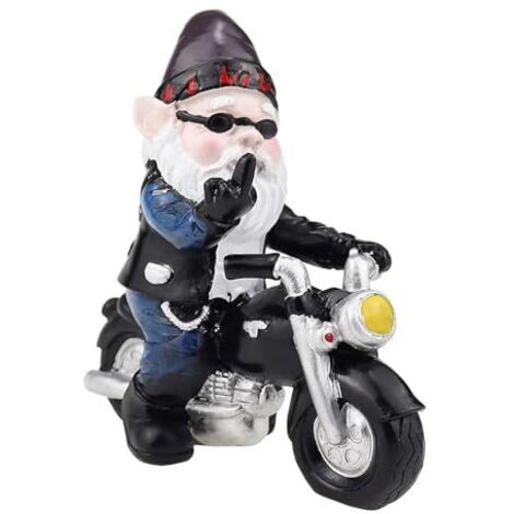 Nain de Jardin en Moto 12 cm x 13 cm Statuette Nain de Jardin Doigt d'honneur Étanche Protection Solaire Résine Statue Moto Décoration pour Terrasse Pelouse Cour