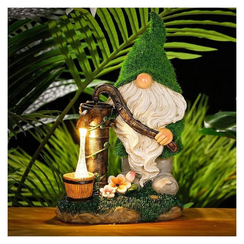 Nain de Jardin Floqué Décorations, 19cm Grande Drôles gnome Statue de Jardin Extérieur avec Bien Lumières Solaires, Étanche Résine Nain Figurines