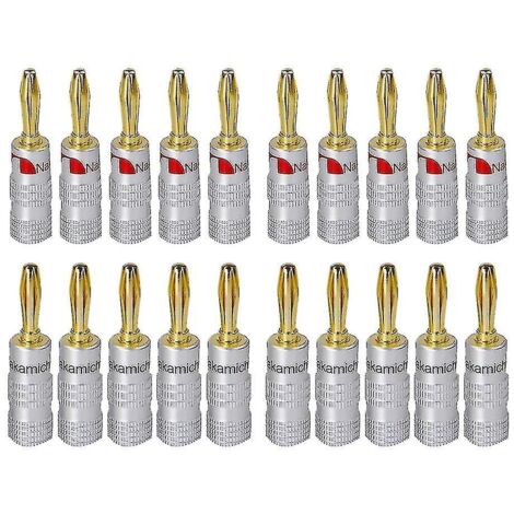 Nakamichi Lot de 20 fiches bananes plaquées or 24 carats, connecteur HiFi 4 mm avec verrouillage à vis pour prises audio jack haut-parleurs