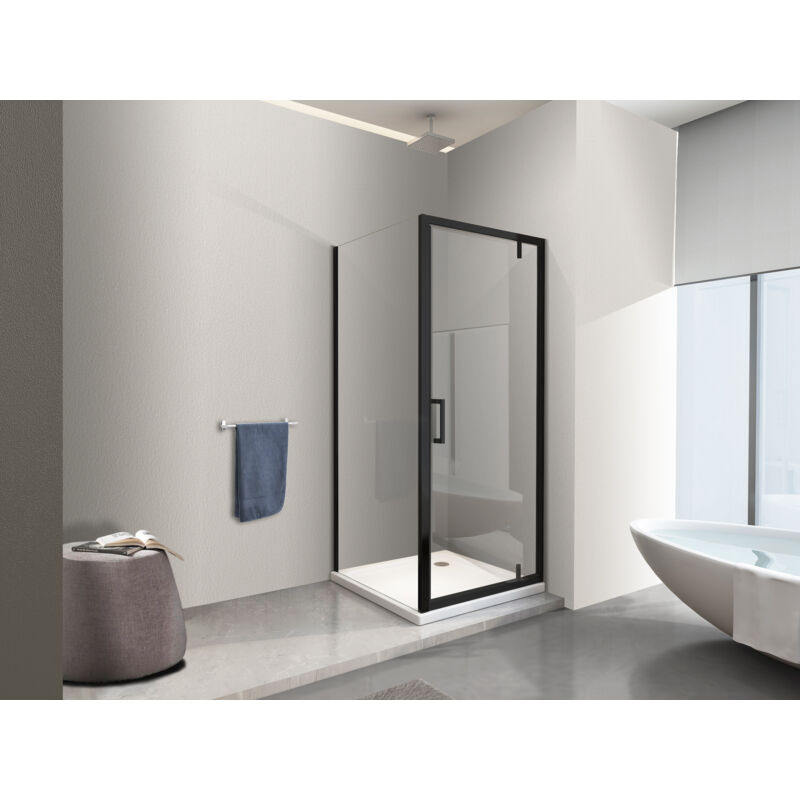 Nala - Douche - paroi latérale fixe et porte roto-translante - pivots asymétriques, verre 8 mm h 200 noir mat 110 (108-110) fixe x porte 70 (67-70)