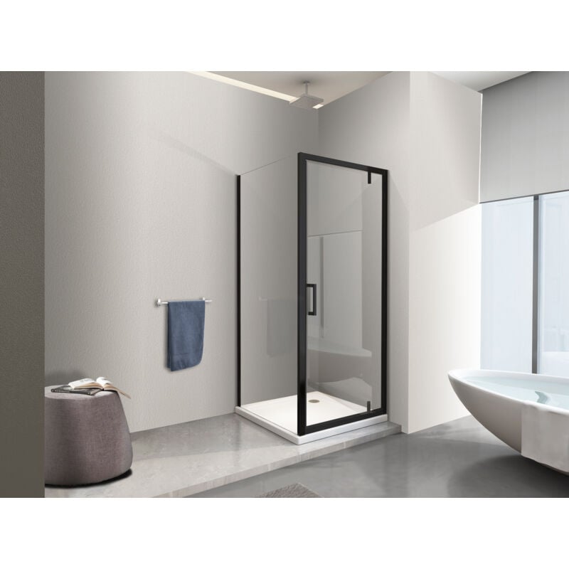 Douche avec paroi latérale fixe et porte roto-translante avec pivots asymétriques, verre 8 mm h 200 noir mat 90 (88-90) fixe x porte 100 (97-100)