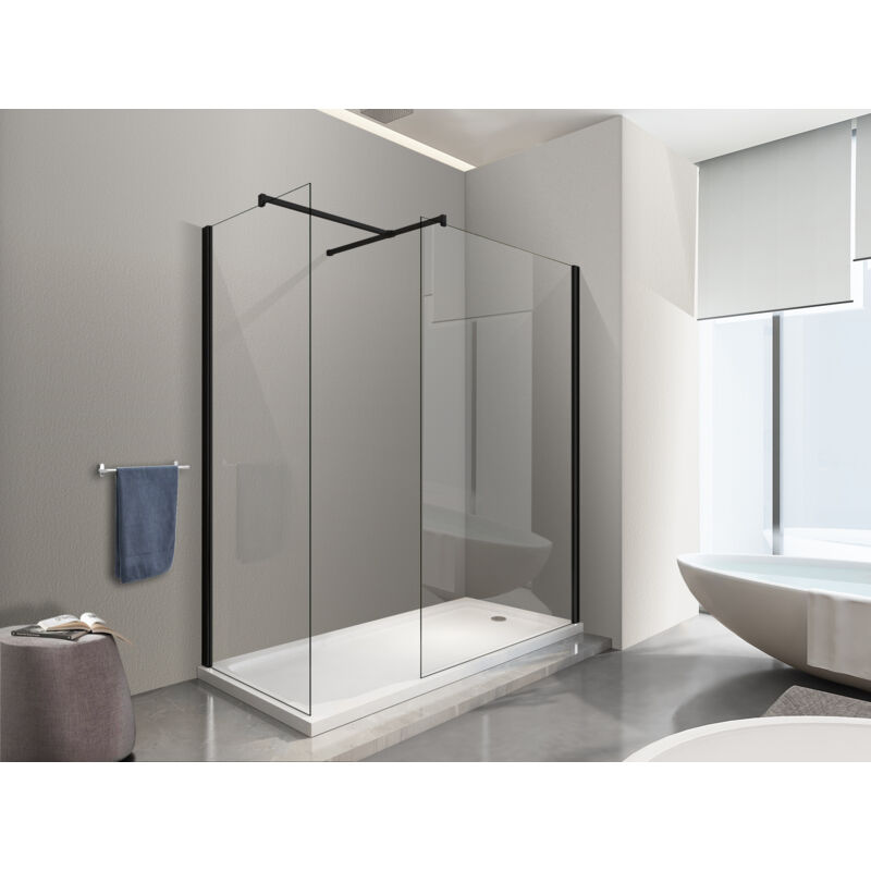 Paroi De Douche Angulaire type walk-in 8MM Avec Verre Transparent Cadre Noir Mat 90X120 - Nala