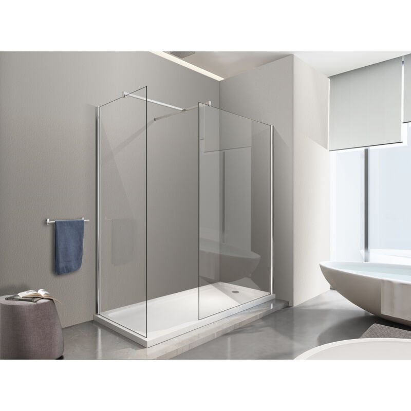 NALA Parois de douche de 8 mm type Walk-in avec barre de soutien à T réversible H.200 - 88-90 + 118-120 cm