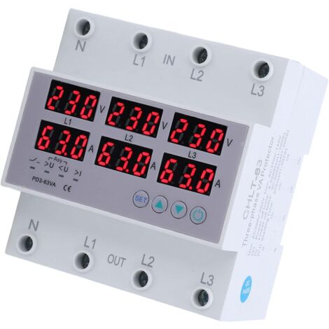 Nannigr AC390‑500V 3 Phase DIN Rail Voltmètre Ampèremètre Protecteur de Surintensité de Surtension Réinitialisation Automatique Affichage Numérique Tension Courant Temps Réel(63A)