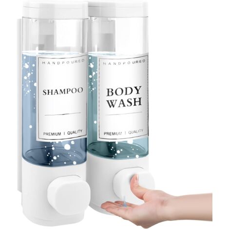 Nannigr Distributeur de Savon Mural, Distributeur Gel Douche, Distributeur Double de Shampoing et Après-shampoing sans Perçage ABS pour Salle de Bain Cuisine Marché Hôtel Restaurant 300ML2(Blanc)