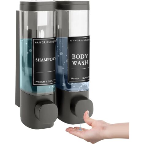 Nannigr Distributeur de Savon Mural, Distributeur Gel Douche, Distributeur Double de Shampoing et Après-shampoing sans Perçage ABS pour Salle de Bain Cuisine Marché Hôtel Restaurant 300ML2(Gris)