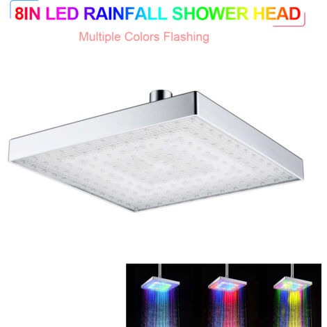 Nannigr Pomme de Douche Lumineuse Led 7 Couleurs Changeantes Pluie, 8 Pouces Pommeau de Douche Fixe Carrée, Led Pommeau de Douche pour la Salle de bain ABS Chrome Terminé
