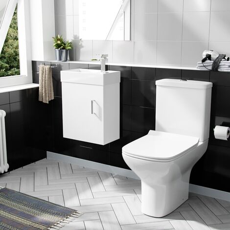 main image of "Nanuya 400mm Cloakroom Wall Hung Basin Vanity Unit & Rimless Close Coupled Toilet White"