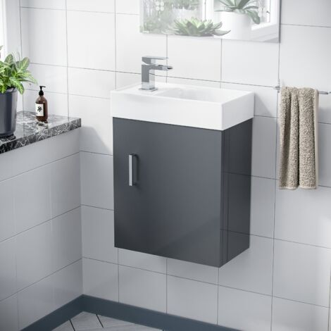 Nanuya 400mm Cloakroom Wall Hung Basin Vanity Unit, Waterfall Tap & Waste Dark Grey
