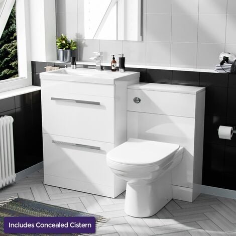 Nanuya 600mm Floorstanding 2 Drawer Vanity Basin Unit, BTW Unit & Curved BTW Toilet White