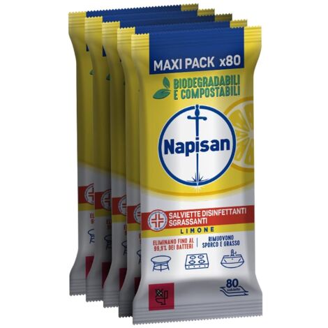 Napisan Salviette Disinfettanti Sgrassanti al Limone, Confezione da 5 Pacchi x 80 Salviette Disinfettanti Biodegradabili e Compostabili Multisuperfici