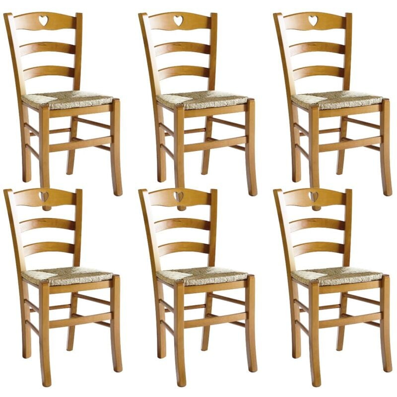 Altobuy - naples - Lot de 6 Chaises Teinté Chêne et Assises en Paille