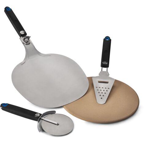 Napoleon – Kit à pizza 4 ustensiles – Pierre en cordiérite ⌀35 cm – Pelle inox repliable – Roulette inox – Râpe 2-en-1 pour fromage