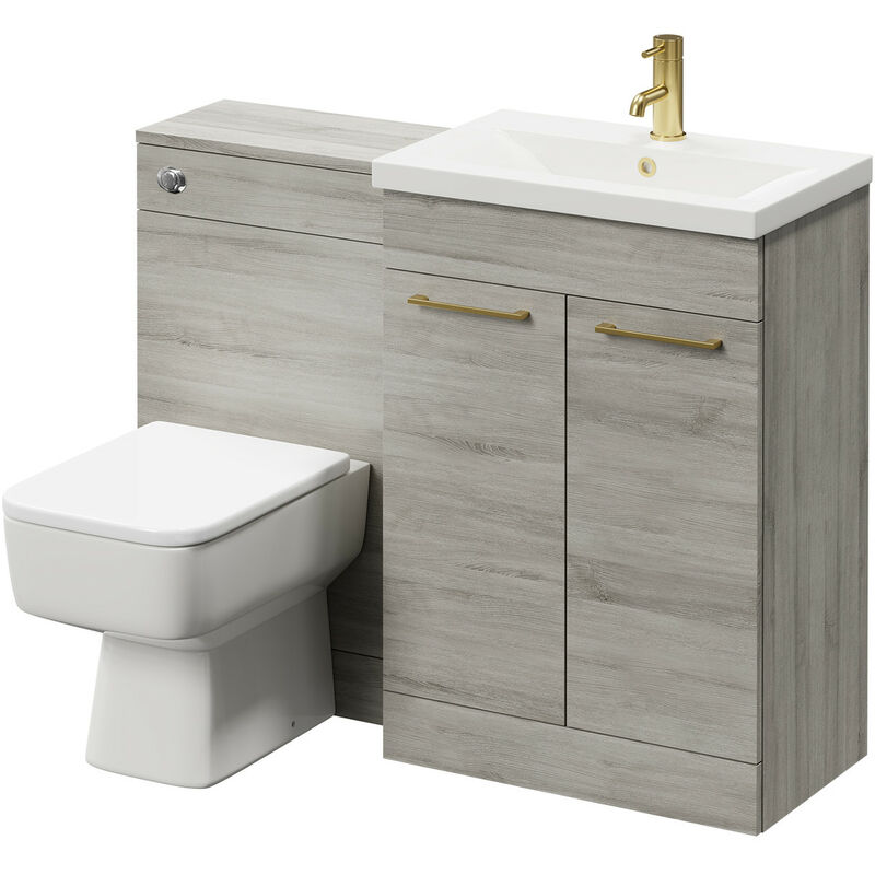 Napoli 390 Molina Ash 1100mm Vanity Unit Toilet Suite with 1 Tap Hole Basin and 2 Doors with Brushed Brass Handles - Molina Ash
