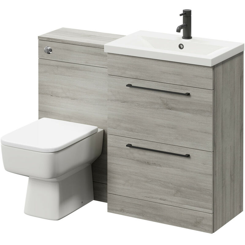 Napoli 390 Molina Ash 1100mm Vanity Unit Toilet Suite with 1 Tap Hole Basin and 2 Drawers with Matt Black Handles - Molina Ash