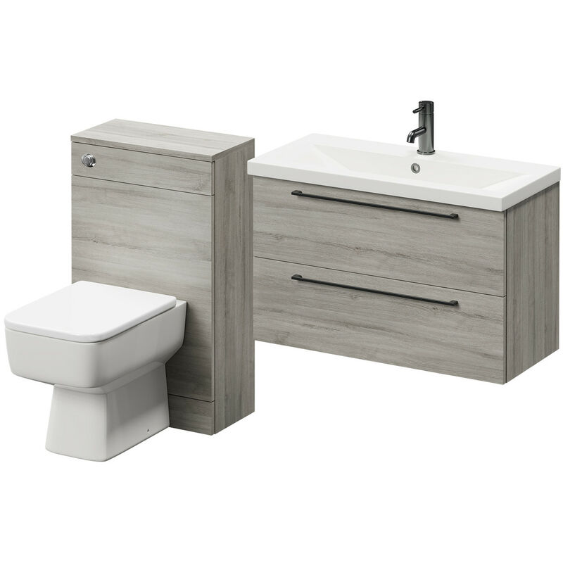 Napoli 390 Molina Ash 1300mm Wall Mounted Vanity Unit Toilet Suite with 1 Tap Hole Basin and 2 Drawers with Gunmetal Grey Handles - Molina Ash