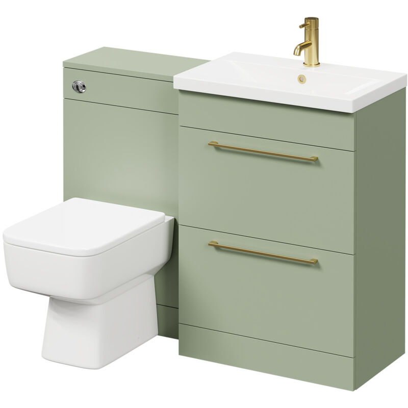 Napoli 390 Olive Green 1100mm Vanity Unit Toilet Suite with 1 Tap Hole Basin and 2 Drawers with Brushed Brass Handles - Olive Green