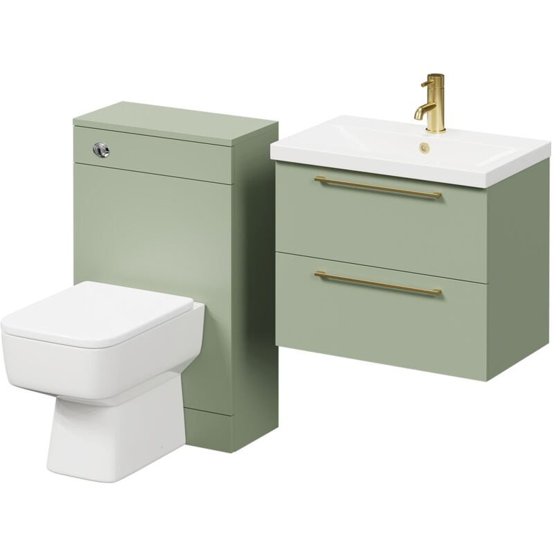 Napoli 390 Olive Green 1100mm Wall Mounted Vanity Unit Toilet Suite with 1 Tap Hole Basin and 2 Drawers with Brushed Brass Handles - Olive Green