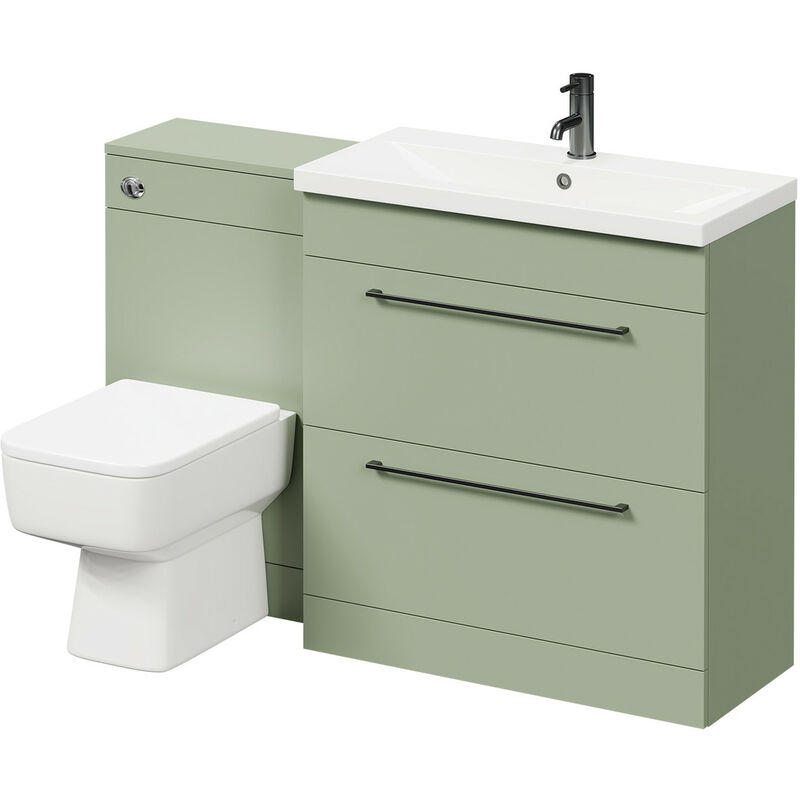 Napoli 390 Olive Green 1300mm Vanity Unit Toilet Suite with 1 Tap Hole Basin and 2 Drawers with Gunmetal Grey Handles - Olive Green