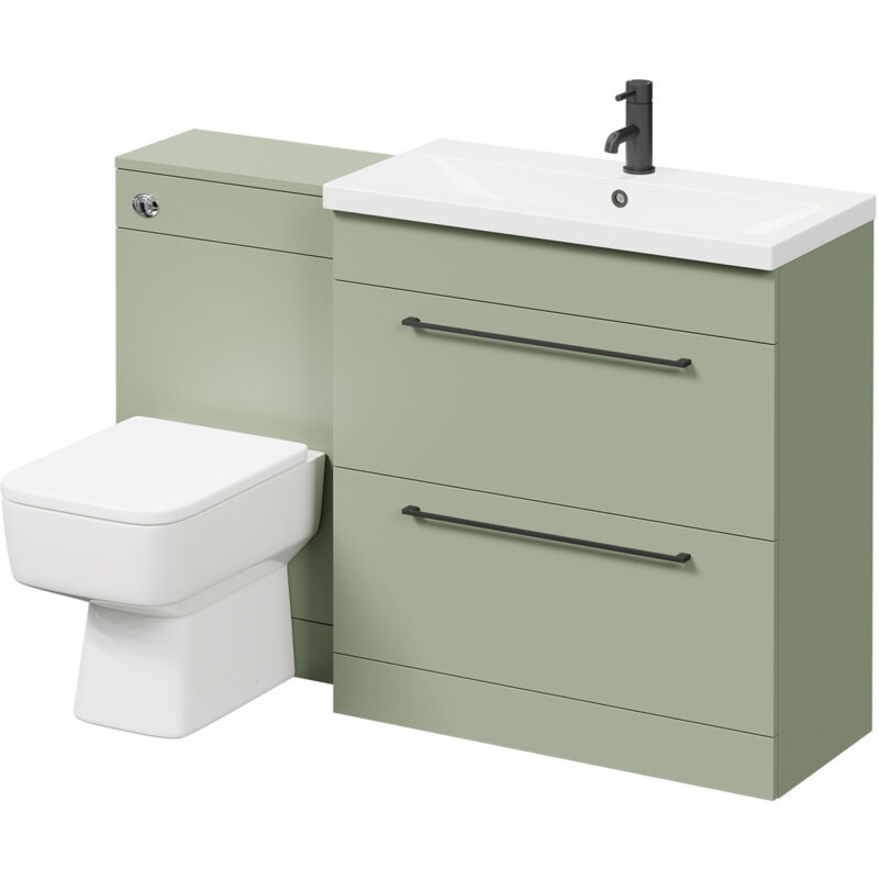 Napoli 390 Olive Green 1300mm Vanity Unit Toilet Suite with 1 Tap Hole Basin and 2 Drawers with Matt Black Handles - Olive Green