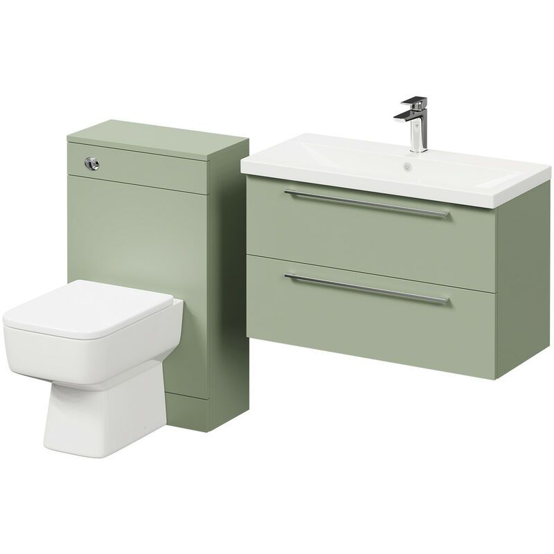 Napoli 390 Olive Green 1300mm Wall Mounted Vanity Unit Toilet Suite with 1 Tap Hole Basin and 2 Drawers with Polished Chrome Handles - Olive Green
