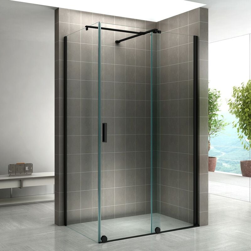 Saniverre - napoli-black Paroi de douche d'angle porte coulissante noire h. 200 cm verre 8 mm transparent 80 x 130 cm (porte 130)