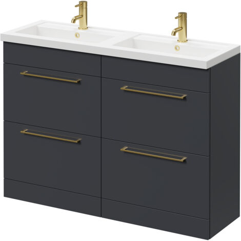 Napoli Gloss Grey 1200mm Floor Standing Vanity Unit with Polymarble Double Basin and 4 Drawers with Brushed Brass Handles