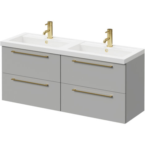 Napoli Gloss Grey Pearl 1200mm Wall Mounted Vanity Unit with Polymarble Double Basin and 4 Drawers with Brushed Brass Handles