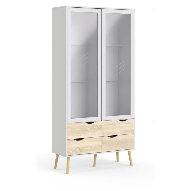 Ebuy24 - Napoli Vitrine avec 2 portes et 4 tiroirs blanc/chêne décor/chêne massif.