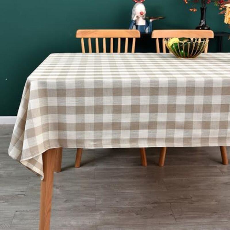 Nappe à carreaux vichy, nappe carrée en mélange de coton à carreaux pour la cuisine, les pique-niques (beige, 140 x 140 cm)