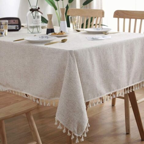 Nappe à franges rayée en coton et lin résistant aux taches (rectangulaire)