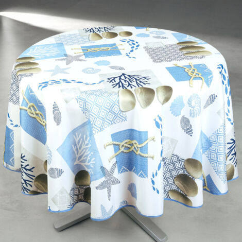 Nappe anti-tâche ronde motif bord de mer Blanc 160x160 cm