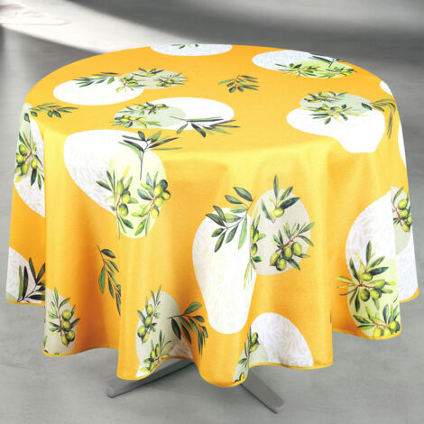 Nappe anti-tâche ronde motif olive Jaune 160x160 cm