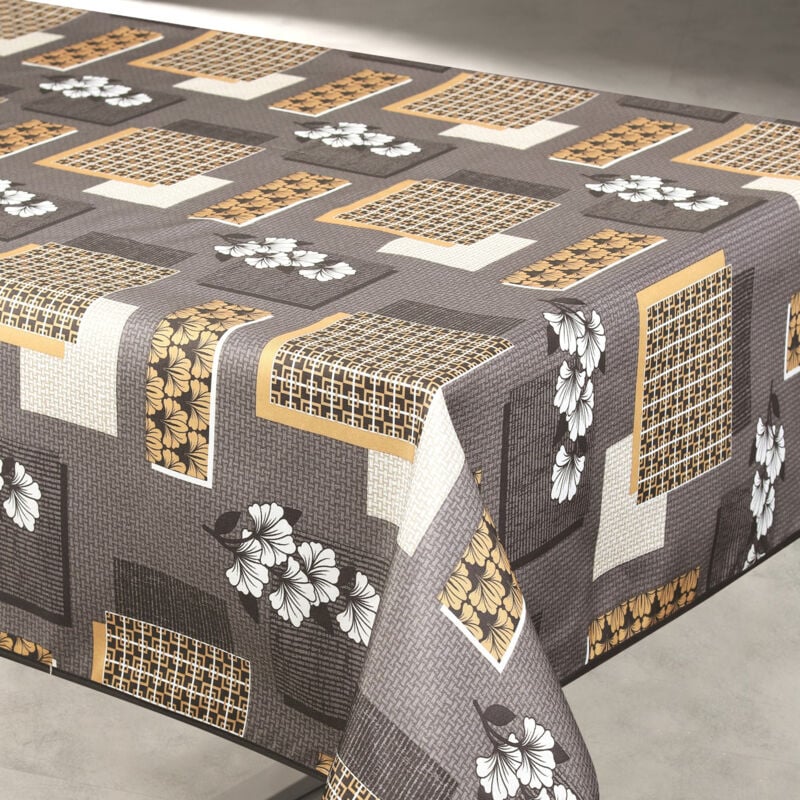 Nappe anti taches motif fleur et forme géométrique Gris 145x300 cm