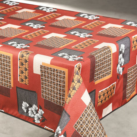 Nappe anti taches motif fleur et forme géométrique Terracotta 145x300 cm
