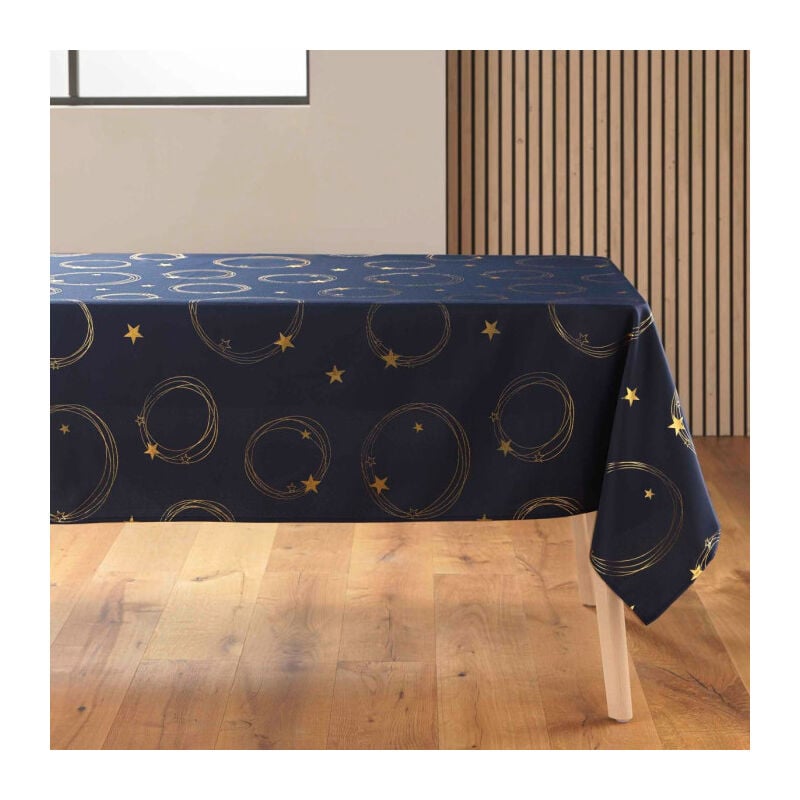 Paris Prix - Nappe Antitache Imprimé 'Star' 150x300cm Bleu Marine & Or