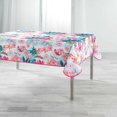 Nappe antitache rectangulaire - 150 x 240 cm - Perroquets et fleurs colorées - Blanc