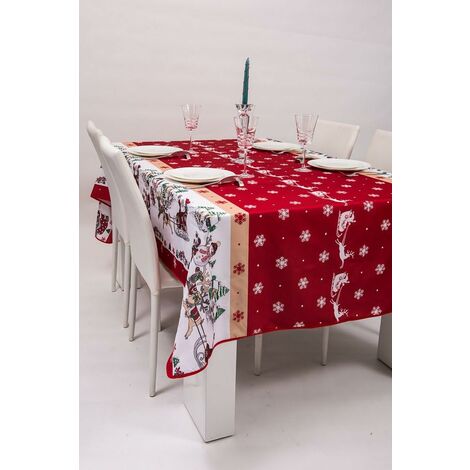 GRECQUEMYTH Nappe Antitache Rectangulaire - Infroissable et 100% Polyester - Rouge - 260x150 cm - Noel Traîneau Flocon - 6/8 Couverts - Intérieur ou Extérieur,13Treize