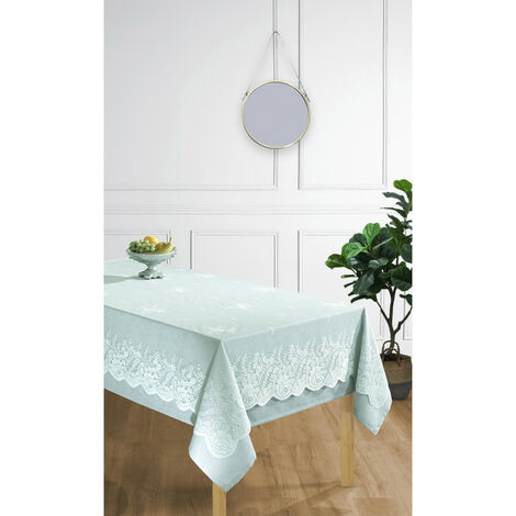 Nappe antitache + Surnappe en dentelle "Style Vintage" toutes dimensions - Nappe + Surnappe Menthe - Nappe Rectangulaire 150 x 300 cm + Surnappe dentelle 140 x 290 cm