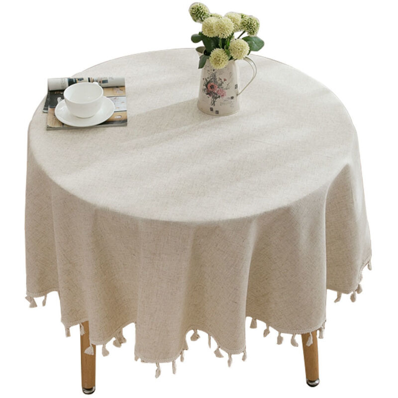 Nappe Beige Ronde en Lin & Coton Couverture de Table Anti-Tache Lavable avec Glands pour Anniversaire, Mariage, Salle à Manger, Table Basse - 120cm