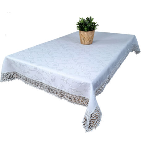 Nappe blanche anti-taches ornée de dentelle 140/180. Nappes polonaises avec dentelle guipure.