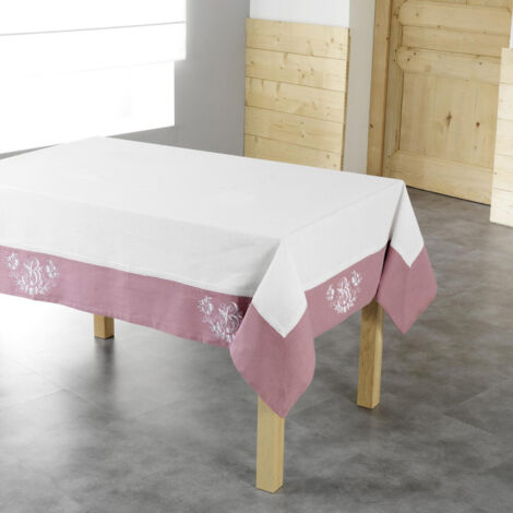Nappe Brodée "Bonheur" 140x240cm Rose