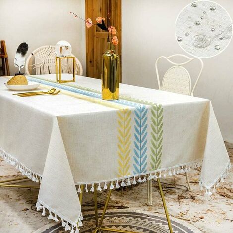 Nappe Carrée 140x140 Vert Jaune Nappe Imperméable Coton Lin Élégante Couverture de Table Nappe à Pompons pour Cuisine Décorations de Table à Manger - 55 x 55 pouces