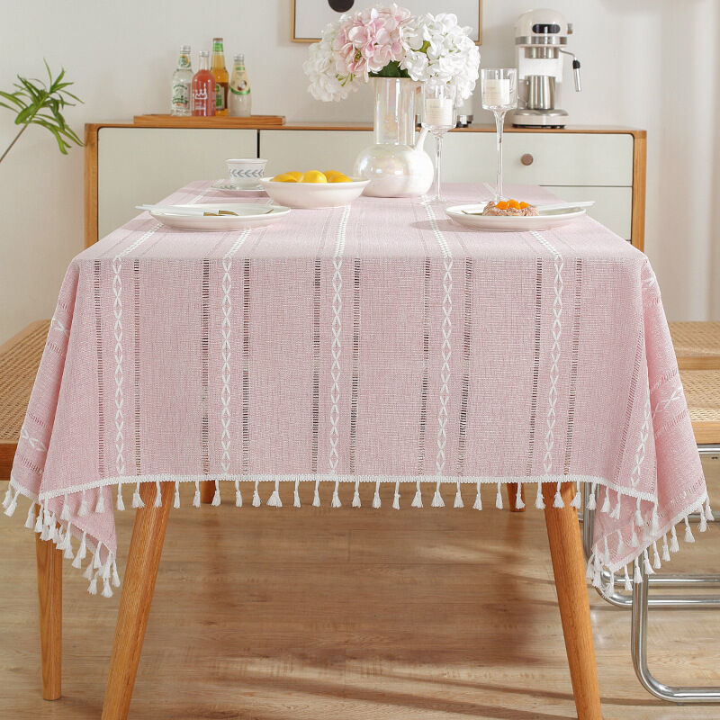 Nappe carrée, 90x90 cm, rayures brodées à pompons roses, nappe anti-taches.