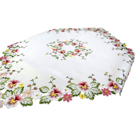 Nappe carrée brodée 85/85 Fleurs colorées blanches printanières